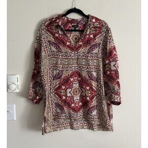 Talbots Size 16 XL Silk Linen Polo‎ Top V Neck Geometric Preppy Luxury Red